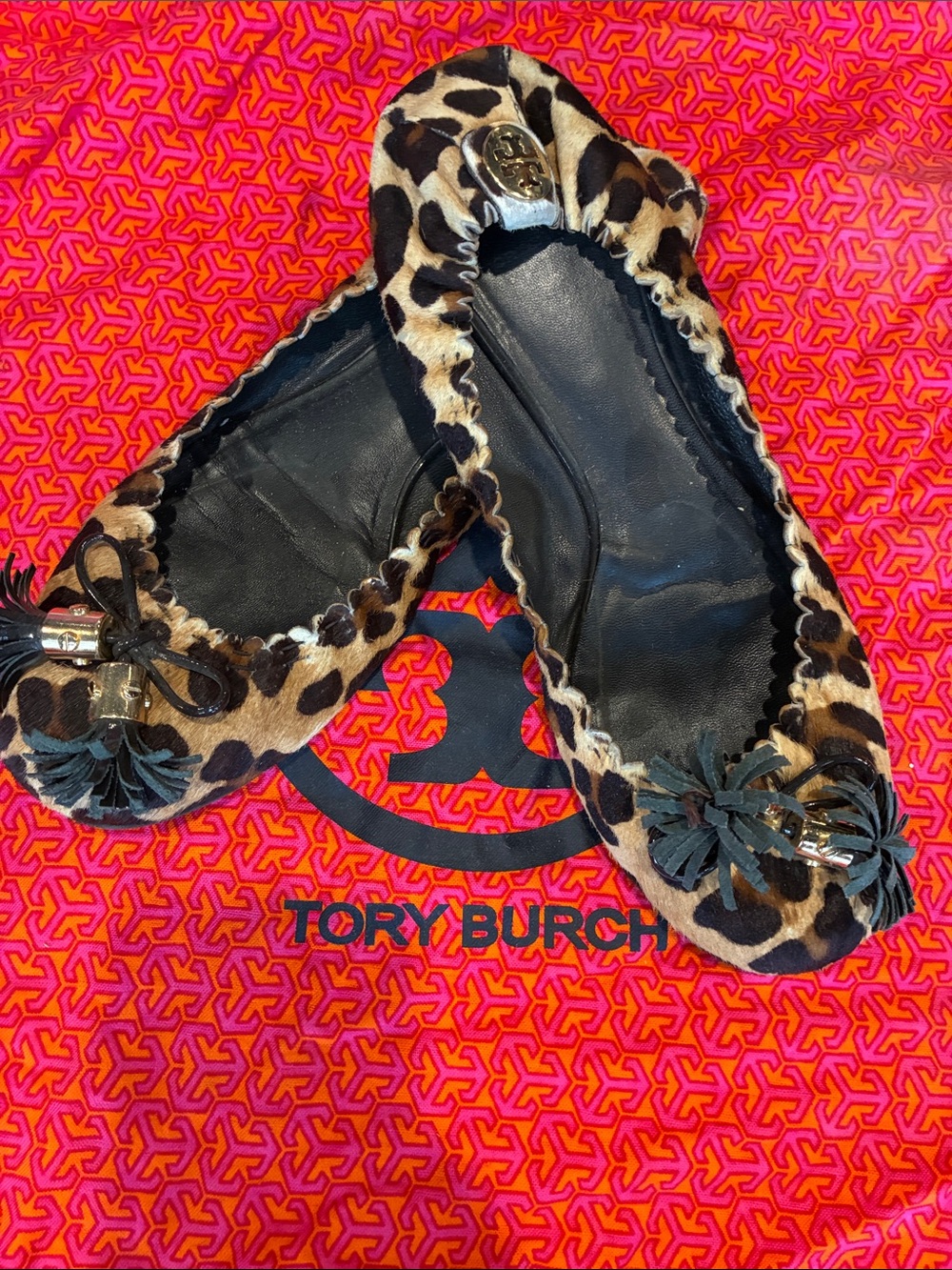 Tory Burch Leopard-Print Leather Ballet Flats with Black Tassels